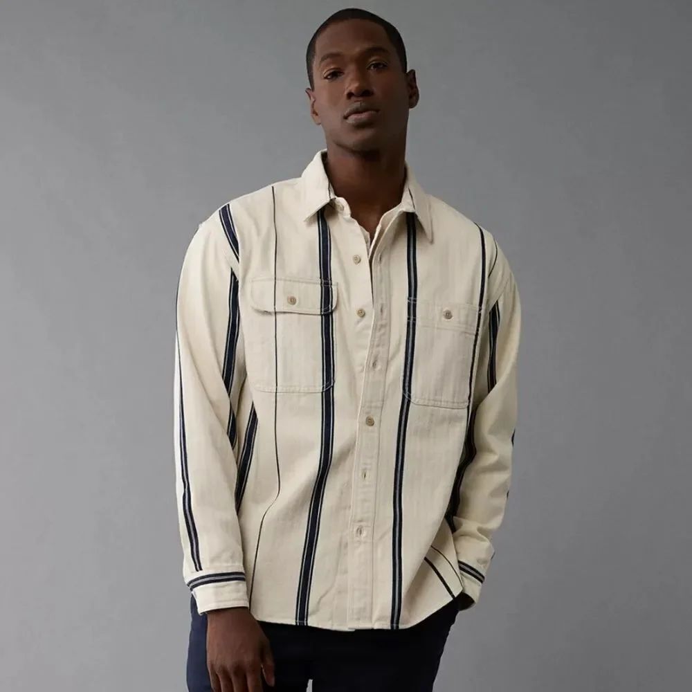 AE Men’s Frosty Cream Striped Cotton Overshirt